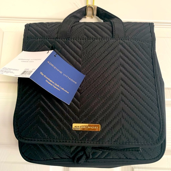 NWT Adrienne Vittadini Cosmetics Bag:Black, Quilted, Tie Close, 3-Tier, Gold Zip - Picture 1 of 13